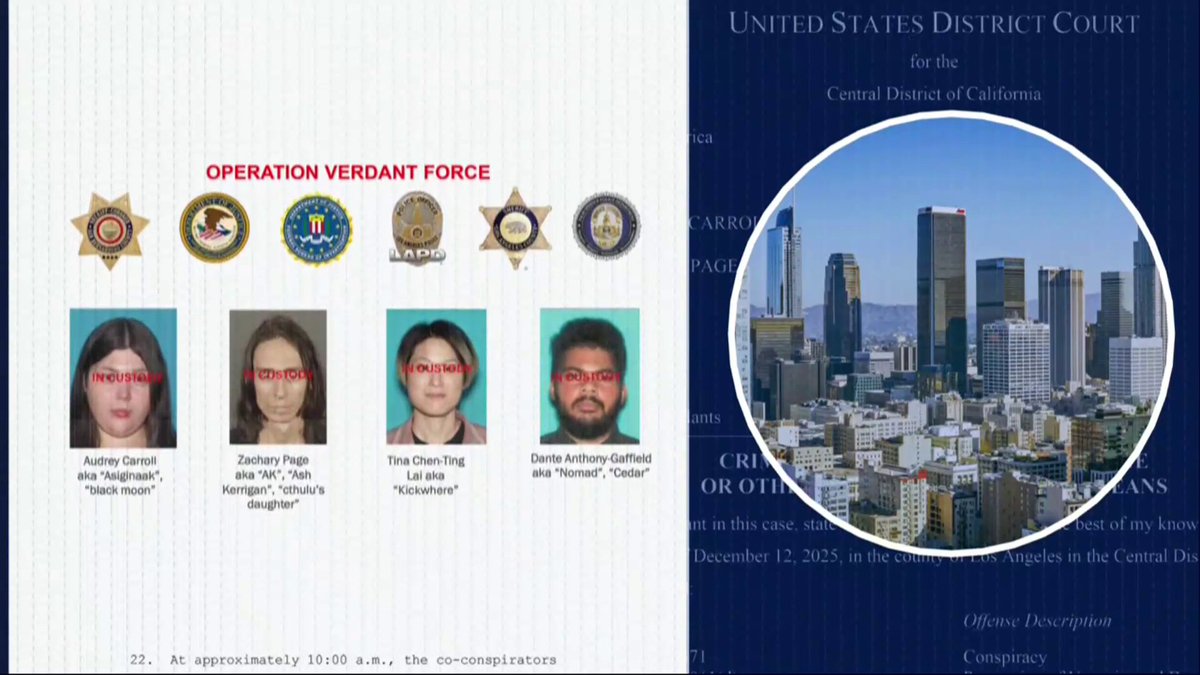 Federal law enforcement officials said Monday that four members of a far-left anti-government group have been arrested and face charges for allegedly planning a series of bomb attacks across Southern California on New Year's Eve. Scott MacFarlane reports.