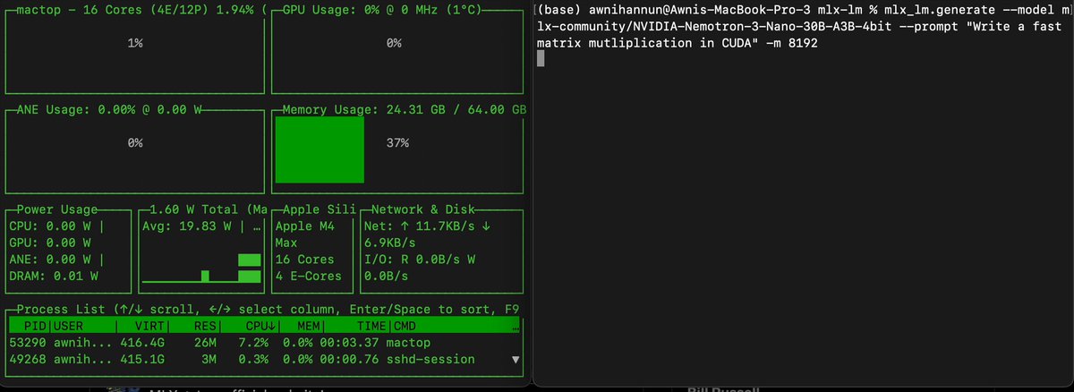 Nemotron 3 Nano runs nicely with mlx-lm on an M4 Max. Could be a great model for local use on Mac: MoE + hybrid attention make it fast even for very long context. Generating in realtime with 4-bit model: