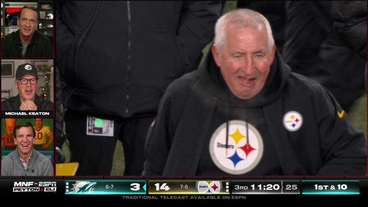 "He needs more gum." 😭 Patiently awaiting the movie where Michael Keaton plays Steelers' special teams coach Danny Smith 🔥 Watch the ManningCast on ESPN2 and the ESPN App 🏈 Omaha Productions