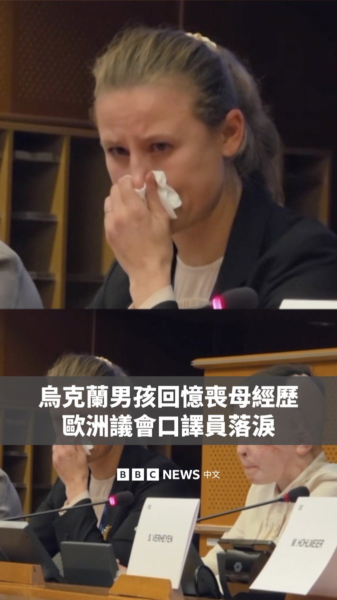 11岁的乌克兰男孩罗曼·奥列克西夫在欧洲议会讲述2022年自己在俄罗斯空袭中幸存，但与母亲永别的遭遇，口译员在为他翻译时哽咽落泪。