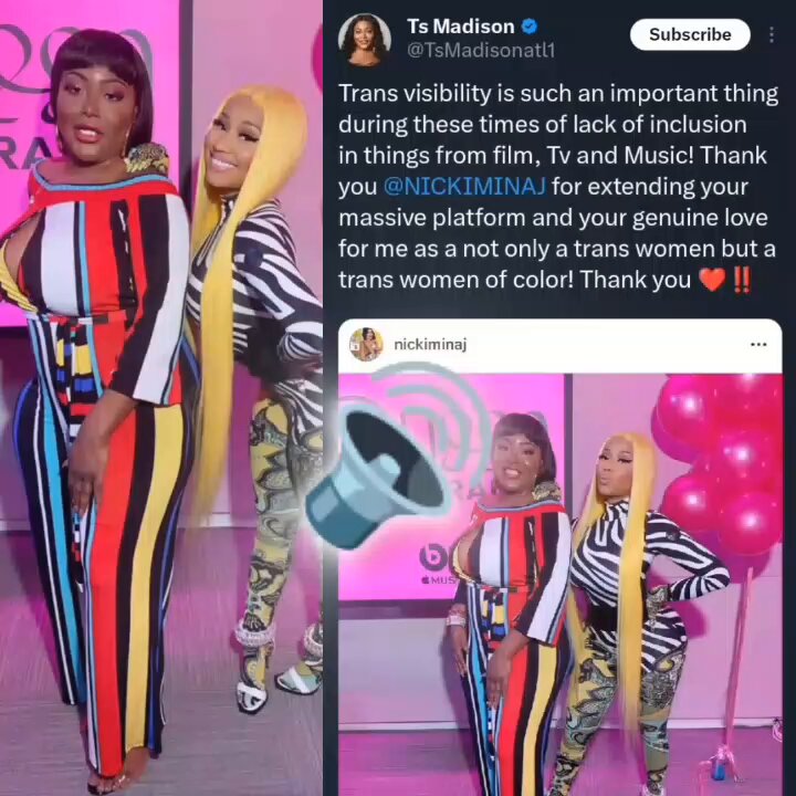 Nicki Minaj in 2019 checking her co-host Jean Nelson for misgendering T.S. Madison. She has consistently shown respect for and defended the queer community. Being against children making irreversible, life-altering decisions doesn’t make her transphobic – it never will.