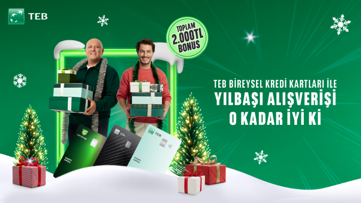 TEB Bireysel Kredi Kartları ile yılbaşı alışverişi ne kadar iyi? Toplamda 2.000 TL Bonus kazandıracak kadar iyi. Siz de CEPTETEB Mobil’i indirin, hemen başvurun.