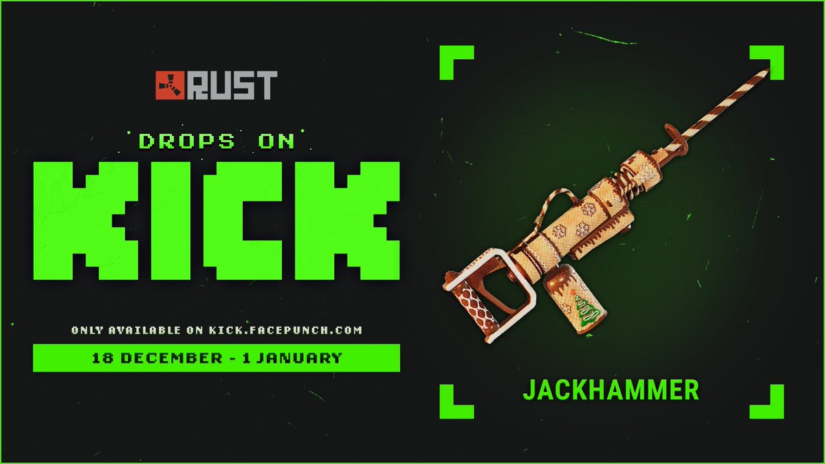 Rustmas 2025 is almost here! Exclusive festive skins for a limited time! Tune in and start collecting. 🎄☢️⛄ Check out the Kick Drops for this year's event, running 18th Dec - 1st Jan. Beware of scams! Only sync your account at our official site: