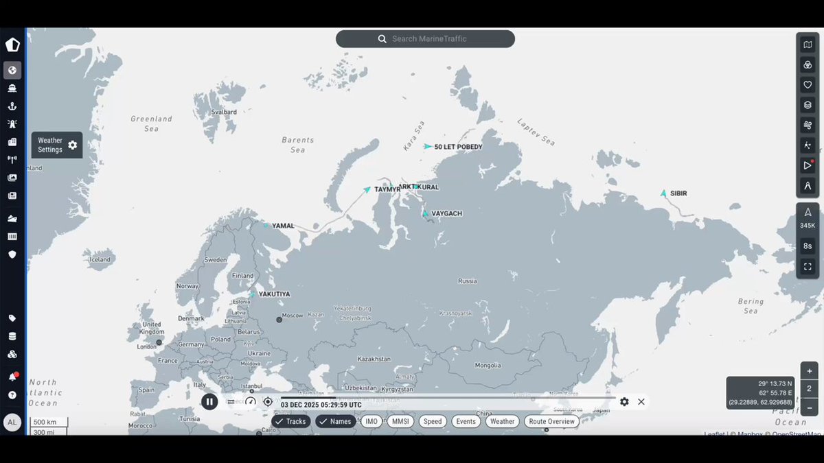 Russia deploys all eight nuclear icebreakers to keep Arctic export routes open Russia has, for the first time, deployed its entire fleet of eight nuclear-powered icebreakers simultaneously to maintain winter navigation in the Gulf of Ob and the Yenisei Gulf. #MarineTraffic data shows that the nuclear icebreakers Taymyr, Yamal, Arktika, Yakutiya, Sibir, and 50 Let Pobedy have been operating in the Gulf of Ob since December 14, supporting traffic linked to Arctic Gate, Yamal LNG, and other terminals. Meanwhile, Ural and Vaygach are deployed in the Yenisei Gulf, enabling access to ports and industrial sites deep inside Siberia. Watch the playback of the icebreakers’ movements over the past few days.