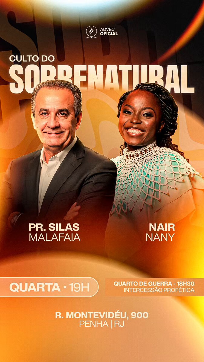 Povo abençoado do Brasil! Quarta-feira é dia do sobrenatural de Deus sobre as nossas vidas! Temos um encontro marcado no Culto do Sobrenatural, na ADVEC Sede às 19h. - Rua Montevidéu, 900 – Penha | RJ Venha crer, buscar e viver aquilo que só Deus pode fazer. Esperamos por você!
