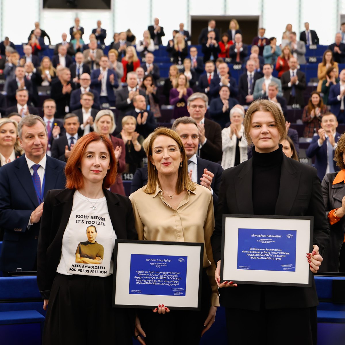 For Andrzej Poczobut in Belarus. For Mzia Amaglobeli in Georgia. For all those standing up for freedom and democracy around the world. For all those who speak out against injustice and persecution. #SakharovPrize