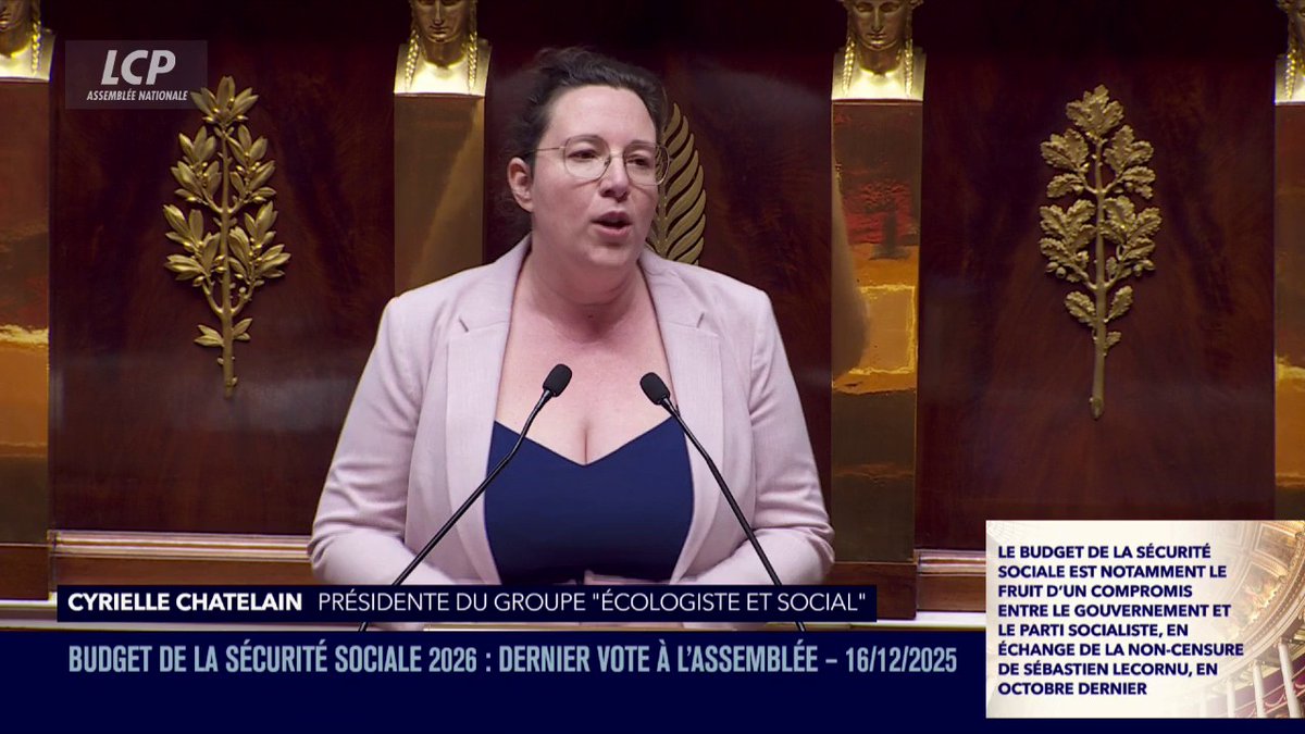 "Ce n'est pas un grand budget, c'est un tout petit budget, il n'y a aucune grande victoire dans ce texte", constate Cyrielle Chatelain. "Si rejeter ce texte avait fait tomber le gouvernement, je l'aurais rejeté". Le groupe écologiste s'abstiendra sur le #PLFSS2026. #DirectAN