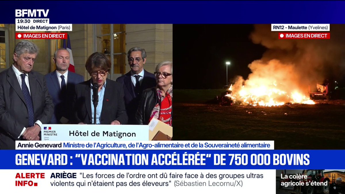 COLÈRE AGRICOLE : La ministre de l'Agriculture annonce la mobilisation des vétérinaires de l'armée pour une "vaccination accélérée" de 750.000 bovins face à la dermatose nodulaire. "Les contrôles seront renforcés pour éviter que la maladie se propage".