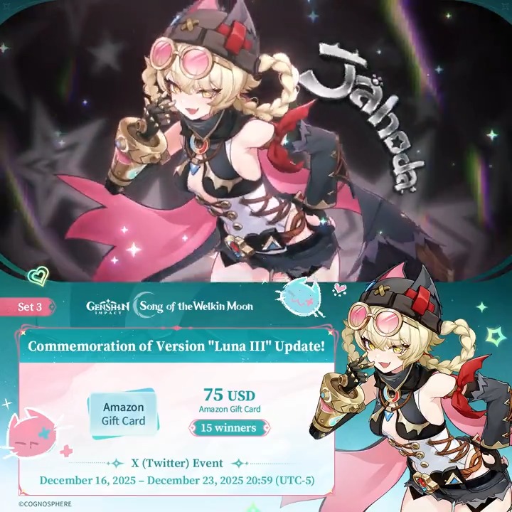 ✨Set 3✨ Commemoration of Version "Luna III" Update 🎁Participate in the event for a chance to win a $75 Amazon gift card. How to Participate: ① Follow Genshin Impact ② Repost this post You can instantly check the event results: #GenshinImpact