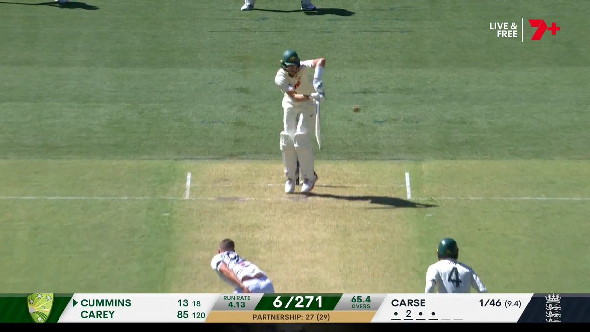Ricky Ponting points out how good this England field is to Pat Cummins, saying... "They've got a field set for some shorter type bowling. Short leg, deep backward square, regulation fine leg. "We saw Cummins last over get unsettled by one that angled back up into the left armpit. He's not a great ducker of the ball, he tries to ride the bounce and that's why I like this field. "You got one back on the hook so you can't play that, you got one waiting under the helmet at short leg... *Cummins inside edges one to short leg* "For that one!" #Ashes