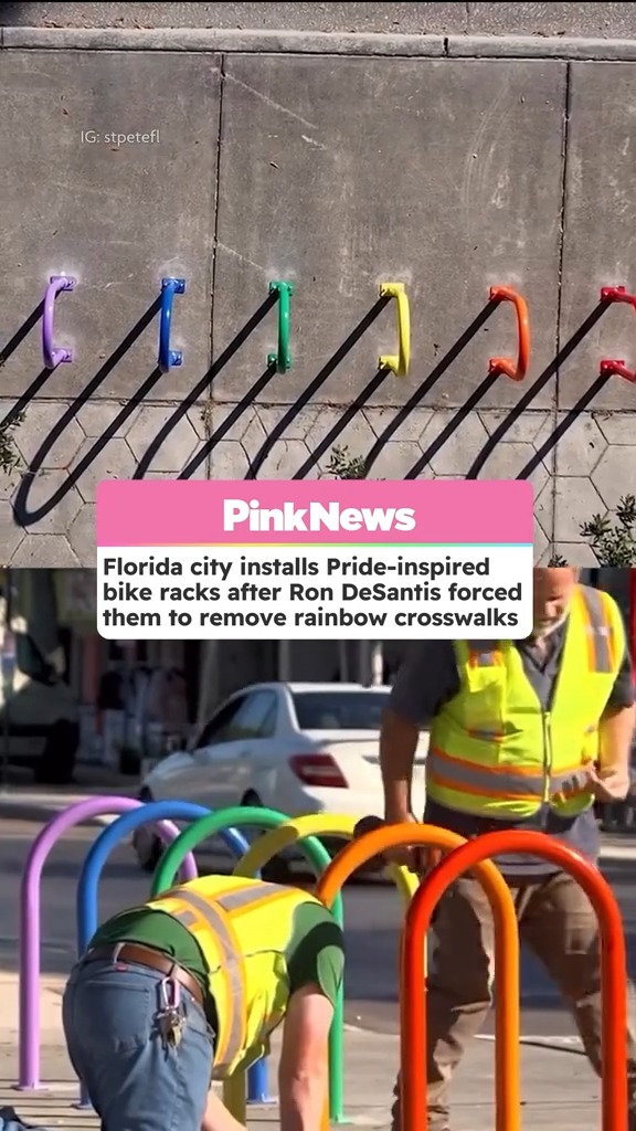 The city of St. Petersburg, Florida has installed Pride-inspired bike racks after Ron DeSantis forced them to remove rainbow crosswalks earlier in 2025.