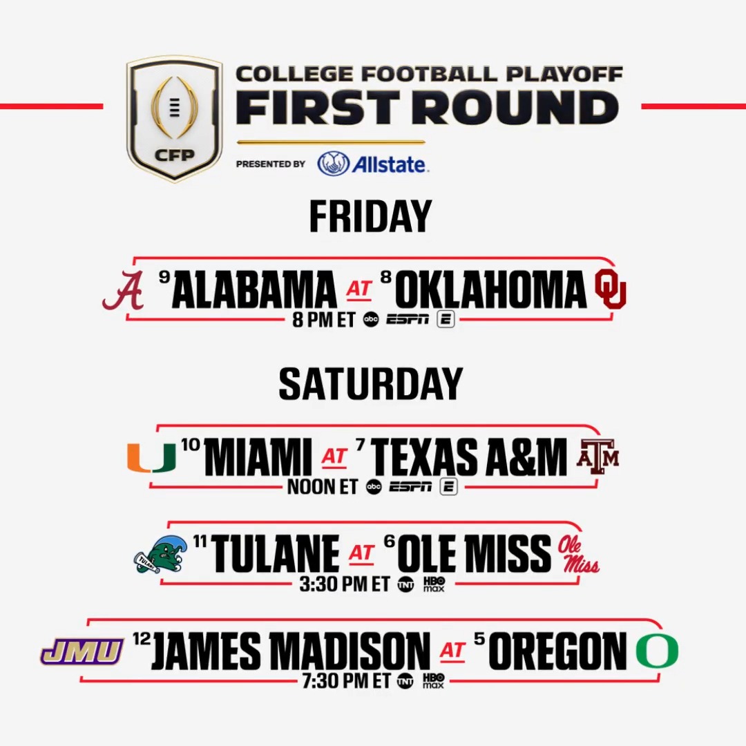 Clear your weekend's calendar and get your holiday celebration started early. We've got a full slate of the CFP First Round for you! #CFBPlayoff