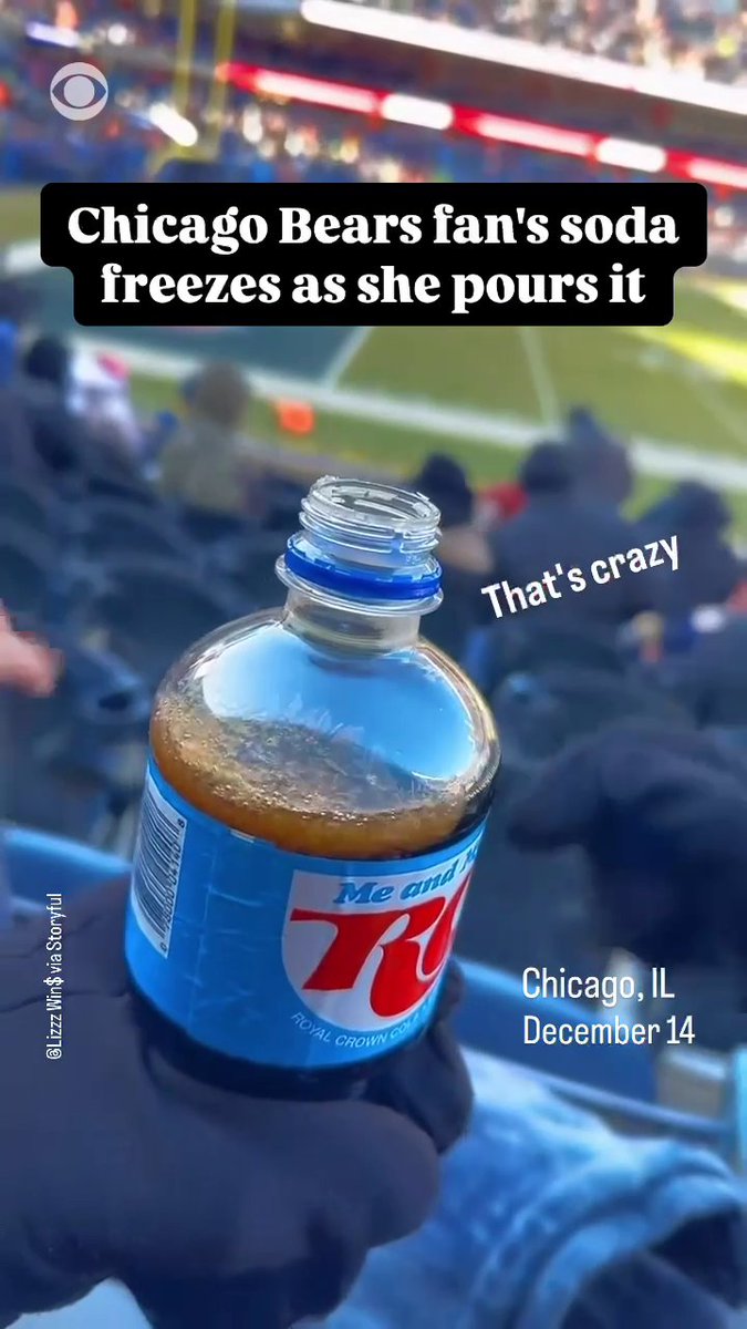 A football fan attending the NFL game between the Chicago Bears and the Cleveland Browns in Chicago on Sunday, December 14, captured the instant effect that the frigid temperature had on her soda. The moment she opens the bottle, her drink begins freezing, then continues turning into a slushie as she pours it into her cup. According to the Bears’ website, the temperature at Sunday’s noon kickoff was eight degrees Fahrenheit (-13 Celsius), with a wind chill of two degrees below zero.