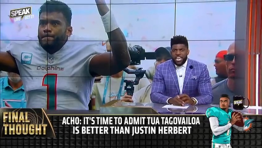 Remember when Emmanuel Acho said Tua was a better QB than Justin Herbert? 😂 Tua just got benched for Quinn Ewers. This is truly one of the worst sports takes of all time…