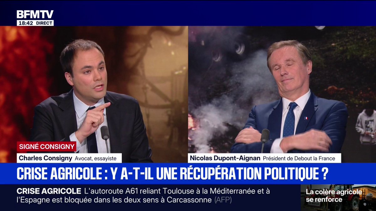 SIGNÉ CONSIGNY - Colère des agriculteurs: "Certains mettent de l'huile sur le feu", lance Charles Consigny à Nicolas Dupont-Aignan