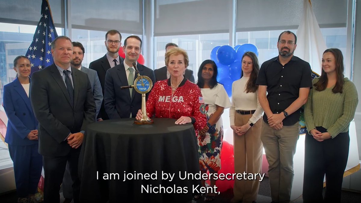 While wearing a custom sequined jacket, Education Secretary Linda McMahon repeatedly refers to FAFSA as "FAFA."
