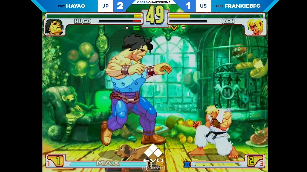 Hayao (immortal｜はやお（Hayao）) uses a "worthless button" to avoid Ken's Shippu Jinraikyaku and win the set. Winner of Moment of the Year at the 2025 Evo Awards.