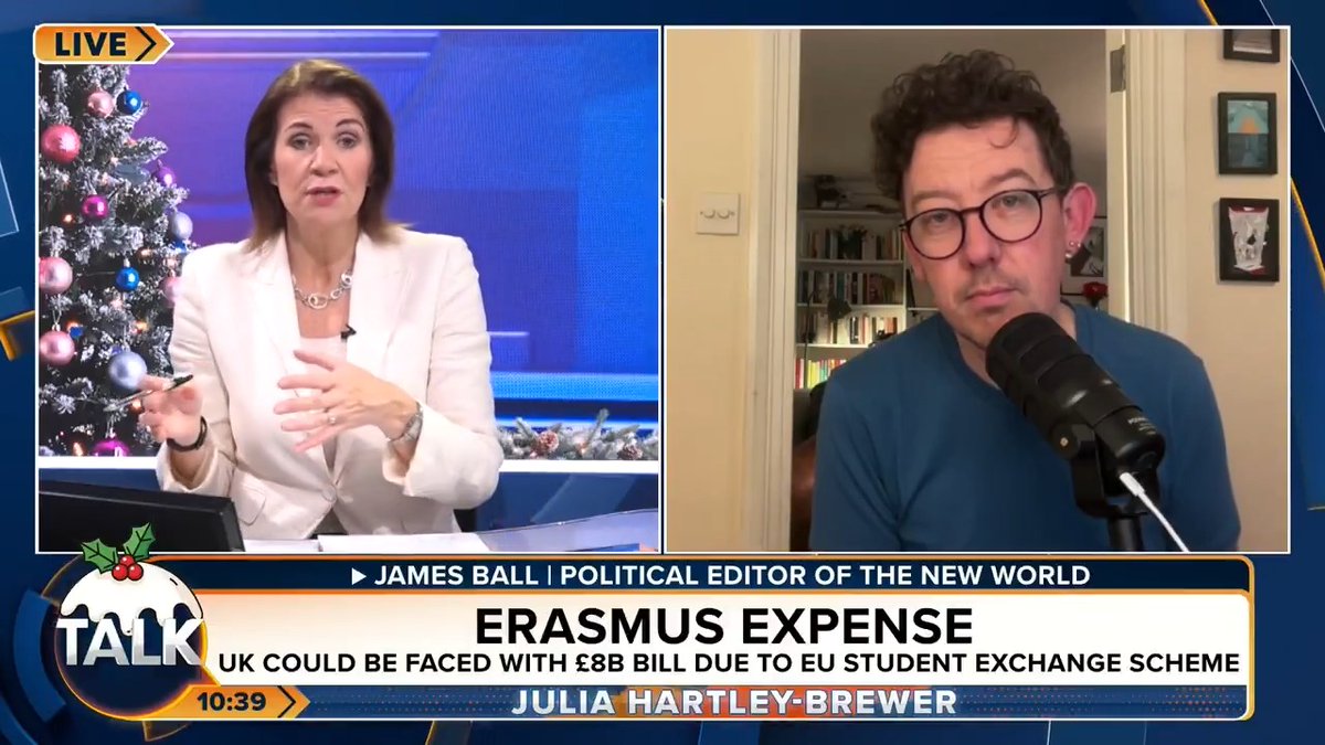💥 Julia Hartley-Brewer and James Ball clash over Britain rejoining the EU's Erasmus scheme. JHB: "There are better things to spend £8bn on than sending Jacinda and Tarquin off to Paris for a gap year." James: "Erasmus is popular. It polls very well." Julia Hartley-Brewer
