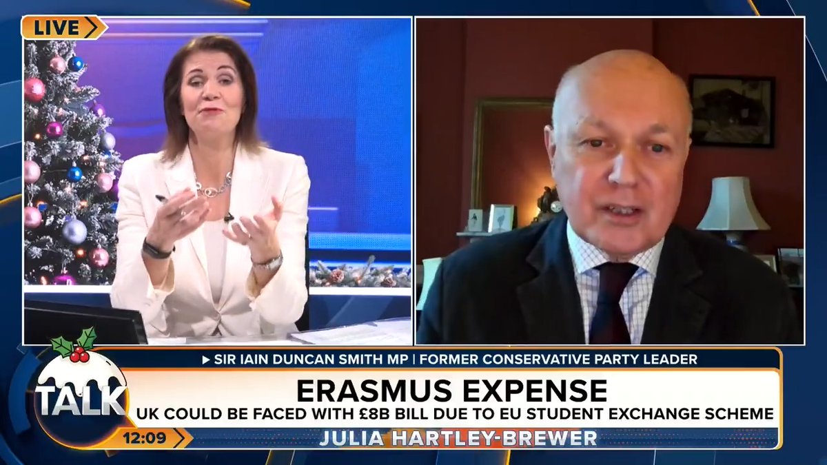 🚨 "No, it was never good value for money, and now it's got worse." Former Conservative Party Leader Sir Iain Duncan Smith MP slams Labour's decision to rejoin the EU's Erasmus student exchange scheme. Julia Hartley-Brewer
