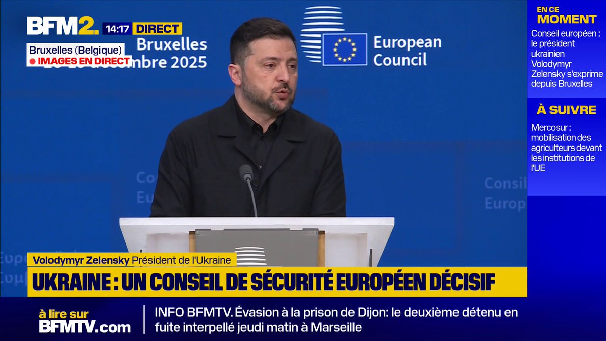 Avoirs russes gelés : "L'Ukraine a le droit à cet argent puisque la Russie est en train de détruire notre pays", dit Volodymyr Zelensky depuis Bruxelles #BFM2