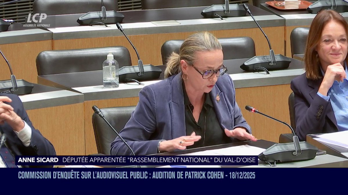 "Ce que je vois sur le service public me révolte", déclare Anne Sicard (RN), qui dénonce "les pamphlets camouflés derrière [les] éditos à sens unique" de Patrick #Cohen. "Êtes-vous un journaliste du service public ou un militant politique payé avec l'argent des Français ?"