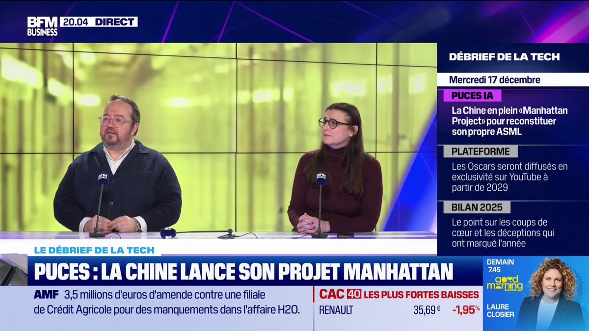 La Chine lance son projet Manhattan "Ils ont réussi à reproduire une machine capable de graver aussi finement que ce que l'on sait faire en Europe. Malgré tout, ils n’arrivent pas encore à miniaturiser… mais c’est une grosse avancée." 💬 Fanny Bouton 🤖 🎙️ Frédéric Simottel