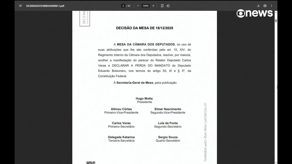 A Mesa Diretora da Câmara dos Deputados decidiu pela cassação dos mandatos de Eduardo Bolsonaro (PL-SP), por excesso de faltas, e Alexandre Ramagem (PL-RJ), condenado pelo Supremo Tribunal Federal (STF) por tentativa de golpe de Estado. Saiba mais. ➡ Assista ao #GloboNewsMais: #GloboNews