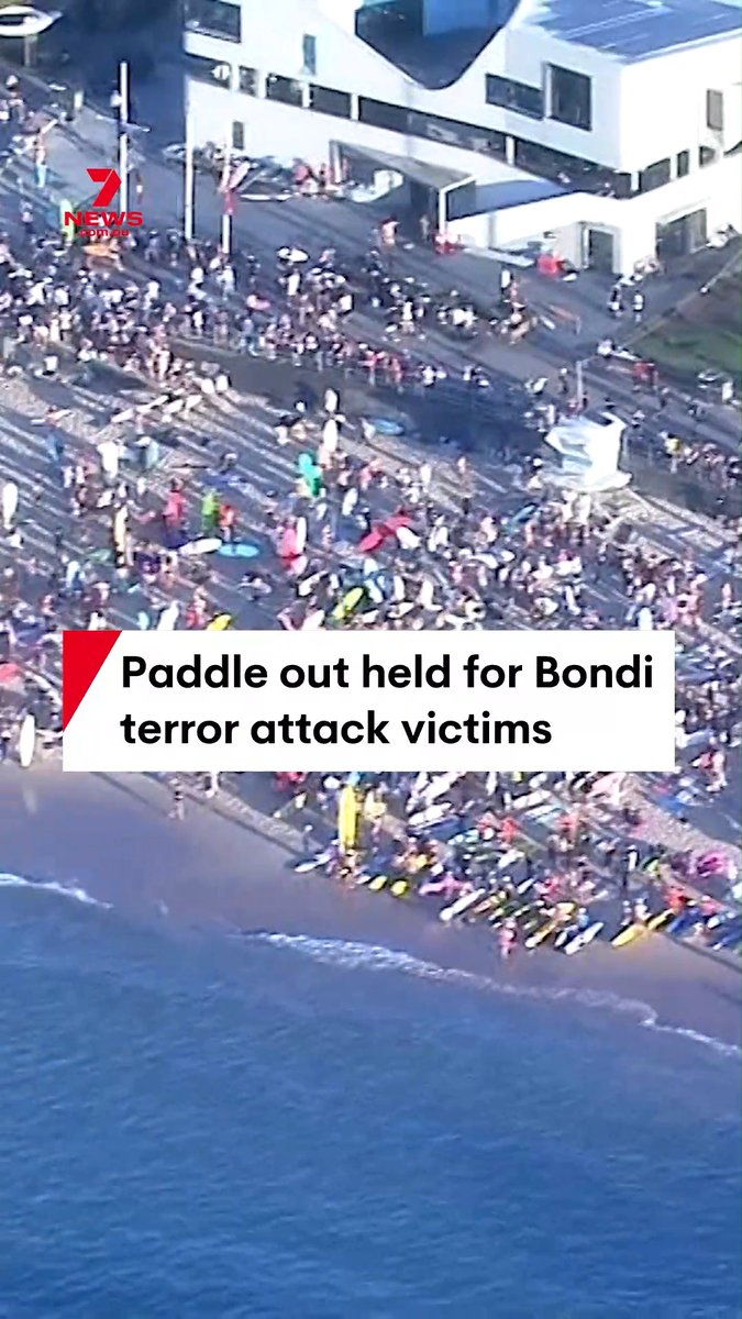 Mourners paddled out at Bondi Beach to remember the victims killed there on Sunday. A minute of silence was held by those heading out from the North Bondi Surf Club, as part of the moving tribute scheduled from 6.30am. #bondi #paddleout #northbondi #bondibeach #tribute