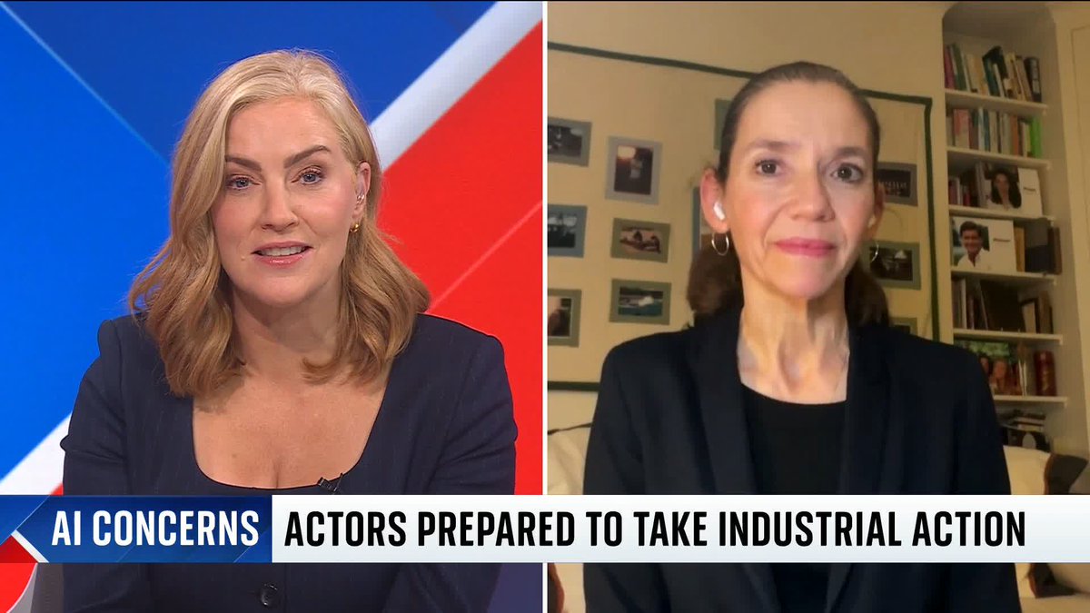 'I don't think there is anybody who's not scared.' Actor Laurence Bouvard talks to @SkySarahJane about the threat of AI after the UK's largest acting union voted to take industrial action over the issue. Latest ➡️ 📺 Sky 501, Virgin 602 and YouTube