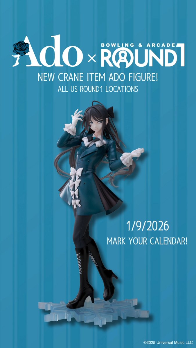 Ado fans we know you've been waiting for this one! 🎶New Ado figure will be available in crane machines at all Round1 USA locations on 1/9/2026 🩵 Supplies are limited so don't miss your chance! 🎤 Click the link for more details! Ado #Round1USA #round1 #Ado #ADOXRound1