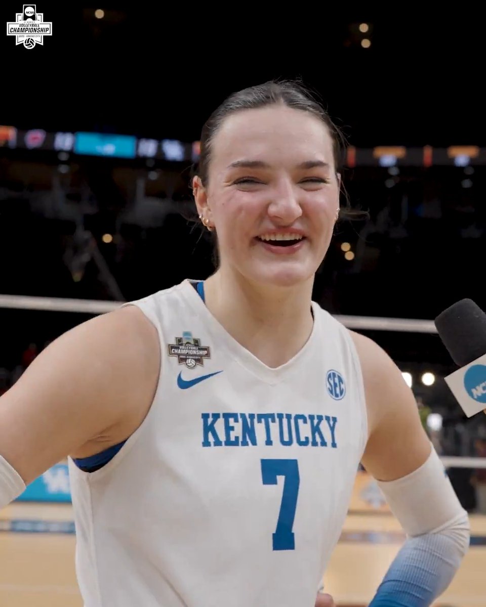 “No one wants to play us in a fifth set. That's when the lights get bright, and we play our best volleyball.” Eva Hudson is heading the National Championship in her senior season with Kentucky Volleyball. She is with Michella Chester after the win. #NCAAWVB