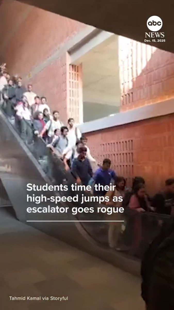 Students at a university in Bangladesh had to time their jumps carefully off an escalator on Monday after it suddenly began running at a high speed, forcing them to leap off and quickly move out of the way of those still descending.