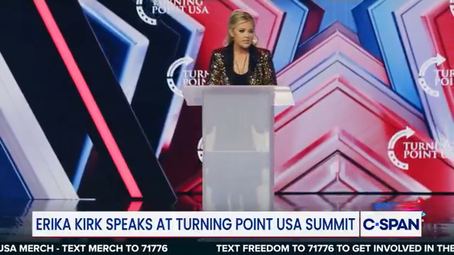 From Thursday at Turning Point USA's AmericaFest Summit, Erika Kirk: "We're building the red wall...We are going to get my husband’s friend JD Vance elected for 48 in the most resounding way possible."