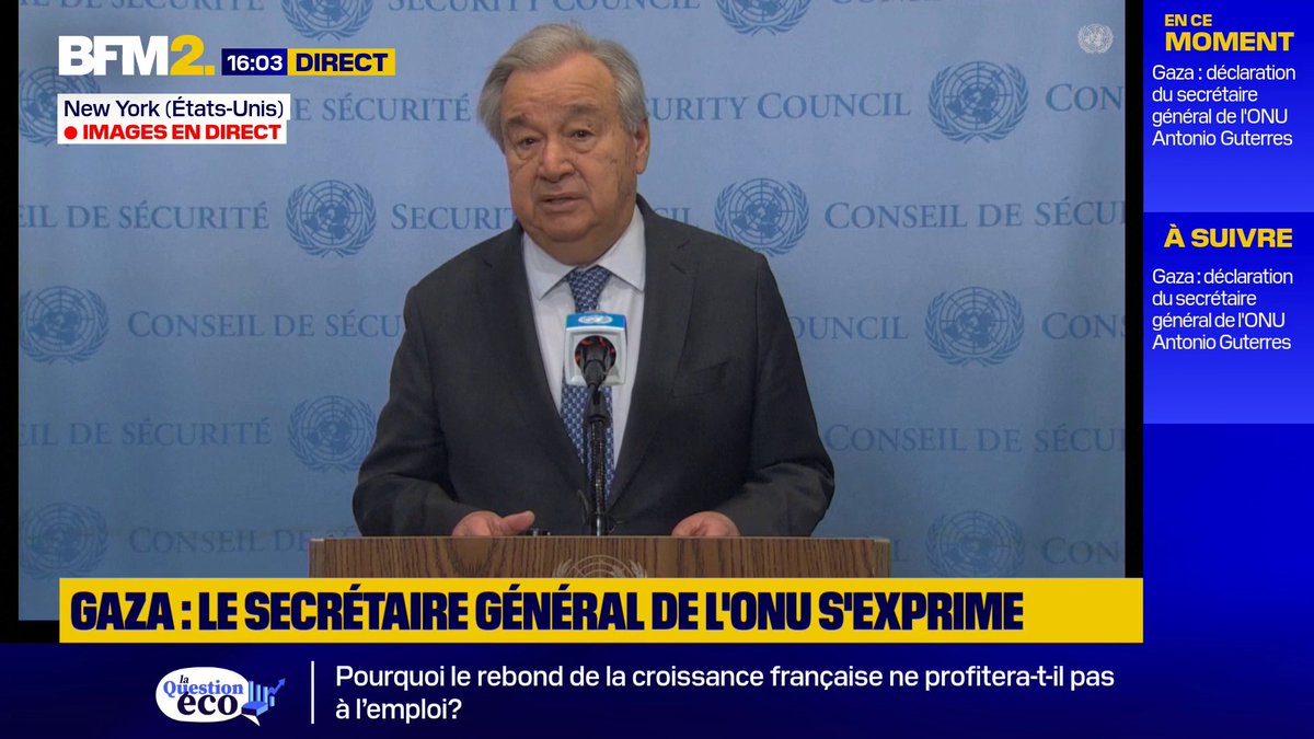 Gaza: "1,6 million de personnes soit plus de 75% de la population, devraient être confrontées à des niveaux extrêmes d’insécurité alimentaire aiguë et à des risques critiques de malnutrition", déclare António Guterres #BFM2