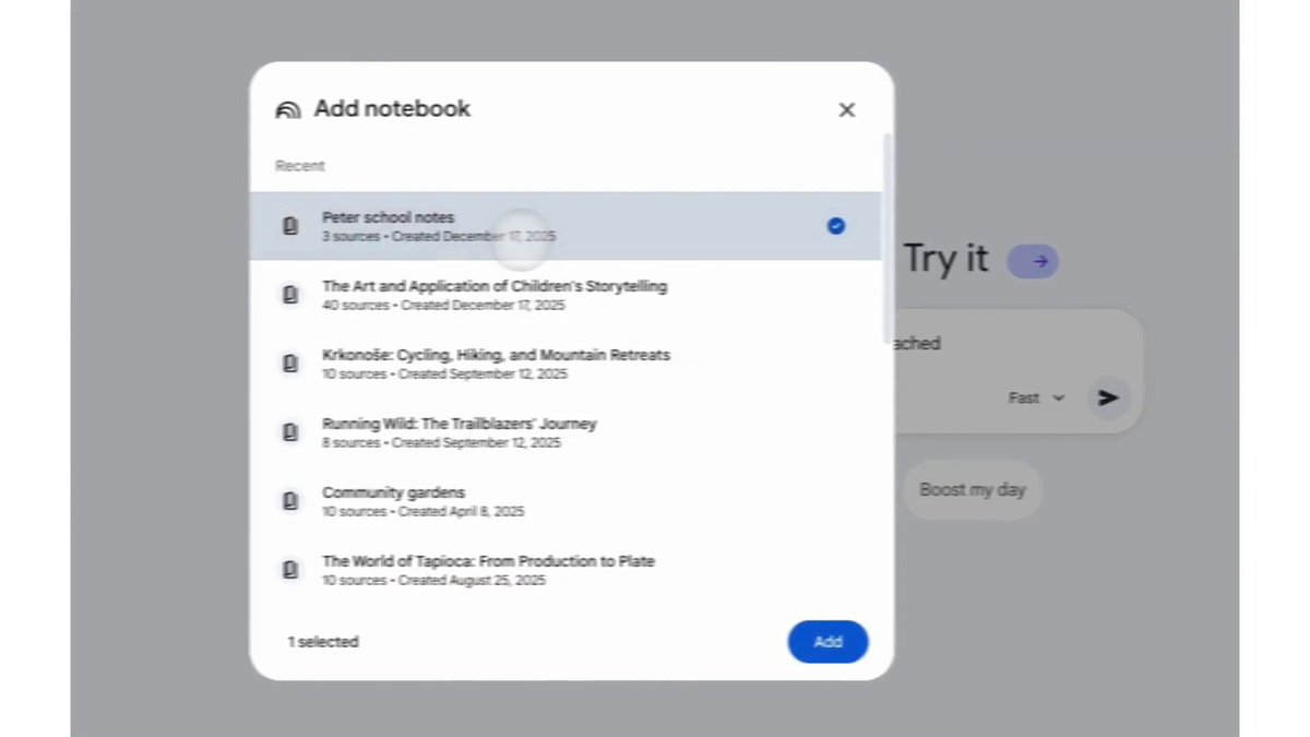 NotebookLM 🤝 Google Gemini You can now upload Notebooks directly into the GeminiApp. This is great for: — Combining multiple Notebooks — Generating images or apps inspired from your Notebooks — Building on top of existing Notebooks with online research — And more! Try it today!