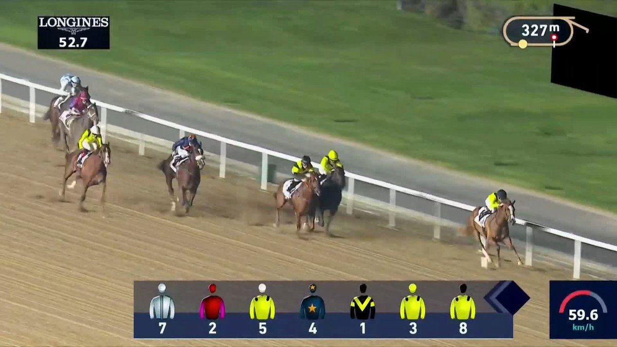From the clouds! 🌪️ 𝐑𝐀𝐀𝐉𝐄𝐇𝐇 arrives with a wet sail under Andrew Slattery to win the Emaar Dubai Stride Conditions Stakes .... A 1-2-3 for Michael Costa 🟡⚫️🟡 #FestiveFriday | #DubaiCarnival
