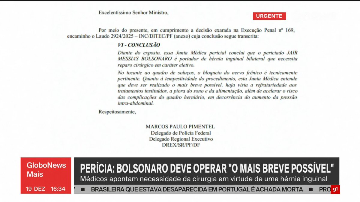 Perícia: médicos apontam necessidade da cirurgia “o mais breve possível” em Jair Bolsonaro, em virtude de uma hérnia inguinal e dos soluços constantes. Saiba mais. ➡ Assista ao #GloboNewsMais: #GloboNews