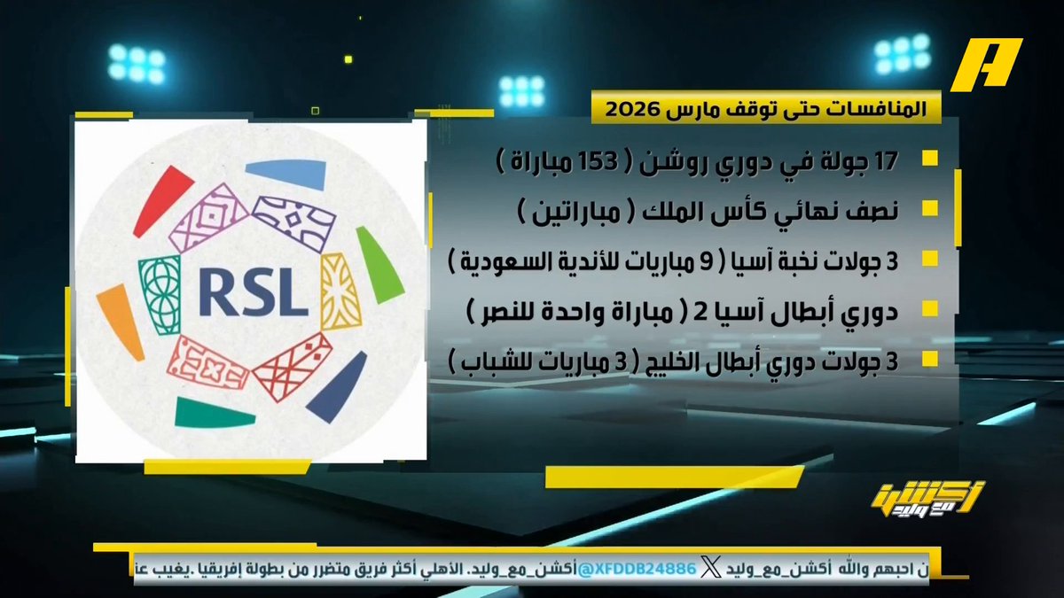 📊 | المنافسات حتى توقف مارس 2026 .. 168 مباراة للأندية محمد الشيخ: لا أتوقع أن النصر سيواصل في سلسلة الانتصارات لأن المنافسة ستشتد عبدالله فلاته: أرى الدوري محصور بين النصر والهلال إلا إذا الأهلي كان له كلمة مجاناً على شاهد برنامج #اكشن_مع_وليد يومياً الساعة 11:00مساءً بتوقيت السعودية على #MBCAction