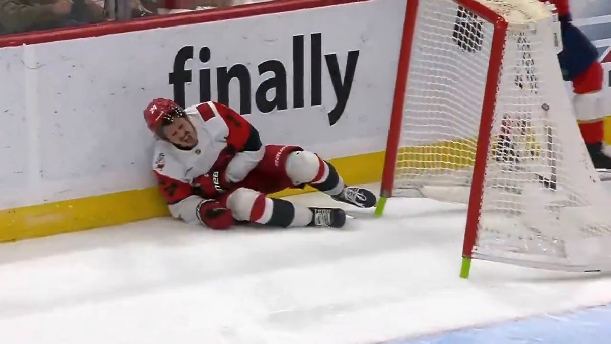 Seth Jarvis exits the game in OT after crashing hard into the net 😰 No penalty was called on the play.