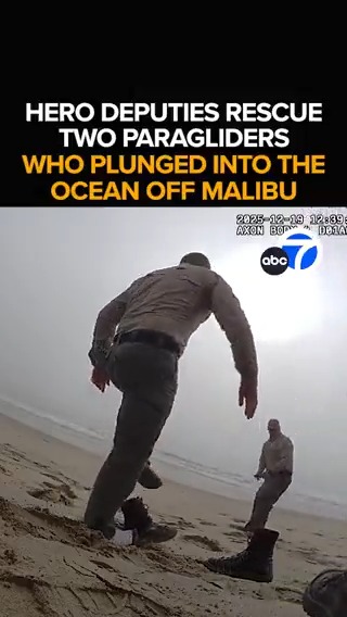 Two LASD deputies dump their gear and run into the ocean to save two paragliders who were close to drowning. The paragliders plunging out of the sky and into the Pacific before the deputies come to their rescue. The heroic act caught on camera - Tonight at 11 from ABC7.
