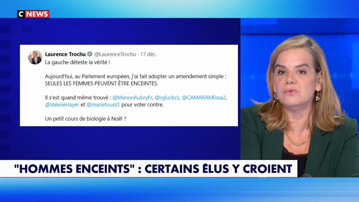 « Vous pensez peut-être que seuls les hommes ont une prostate et seules les femmes peuvent être enceintes. Eh bien sachez que la gauche et le centre ne sont pas d’accord avec vous. » Gabrielle Cluzel sur Face à l’Info (CNEWS)
