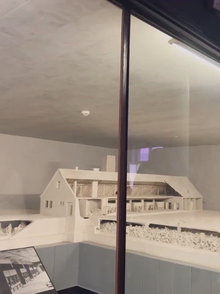 Auschwitz I. Main exhibition. The model of gas chamber and crematorium II. The crematorium, located on the ground level, was designed by the Topf und Söhne company from Erfurt and was equipped with five 3-muffle ovens connected to one chimney. According to the producers, the ovens could burn 1,440 corpses every 24 hours. Undressing space & 210 sq. meters gas chamber were located underground. Zyklon B was thrown through the holes in the ceiling into special wire mesh columns. ▶ A short video about gas chambers and crematoria of the Auschwitz camp: --- Video: