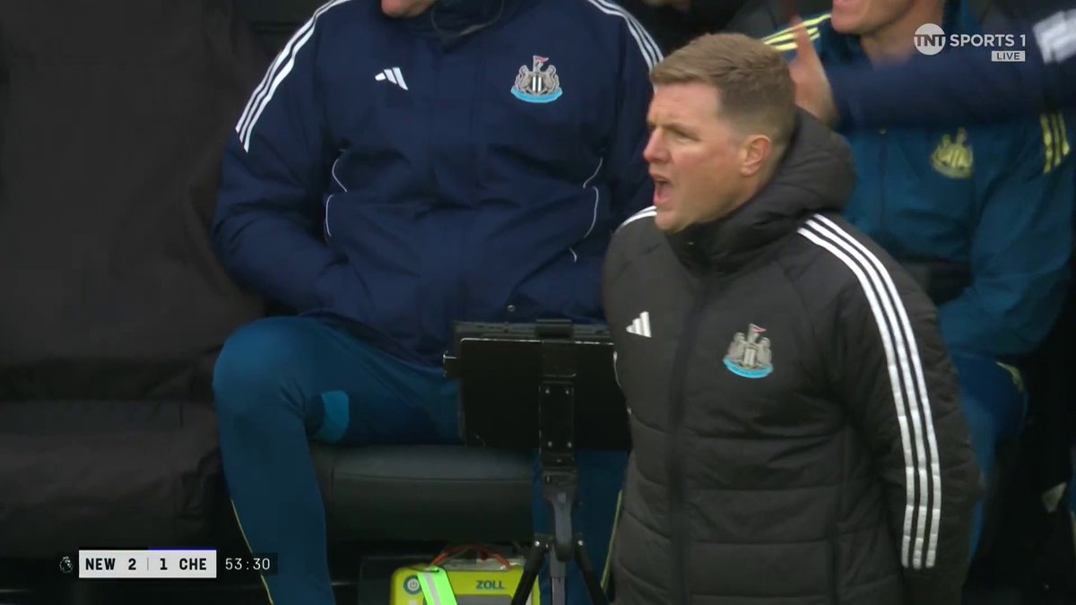 Should this have been given? 🤔 Newcastle's call for a penalty is denied following a challenge from Trevoh Chalobah. TNT Sports &amp; discovery+ UK