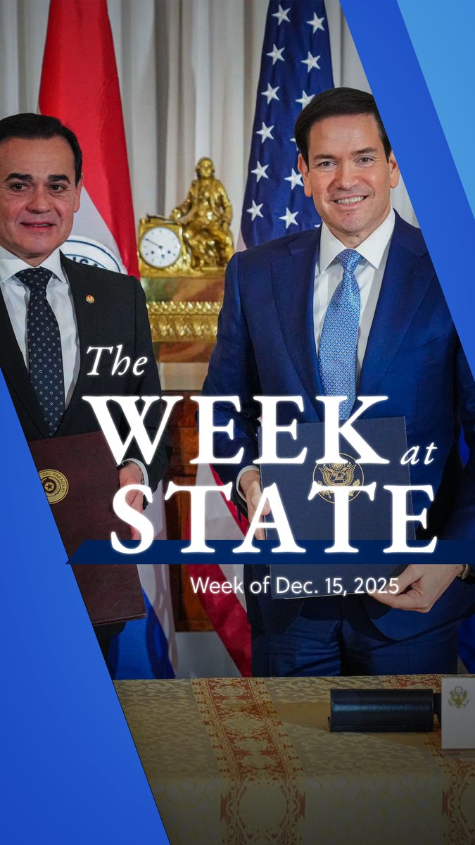 This week at State: ✅The Secretary met with the foreign minister of Paraguay and signed a Status of Forces Agreement ✅ Secretary Marco Rubio updated Congress on counter-drug missions ✅President Donald J. Trump highlighted his achievements this year in a national address ✅The Secretary delivered an end-of-year briefing highlighting the Trump Administration’s America First foreign policy wins