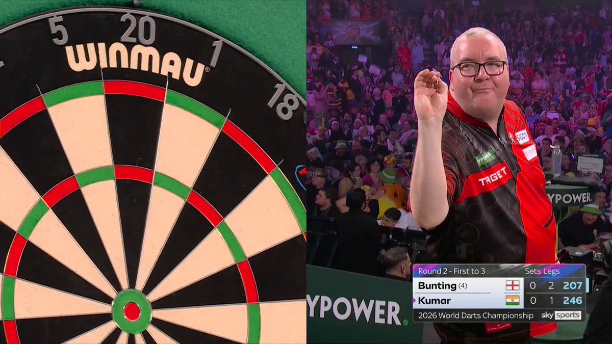 BUNTING LEADS! Stephen Bunting pins a 107 checkout to take the opening set, in which he also hit at 118 finish. 📺 #WCDarts | R2
