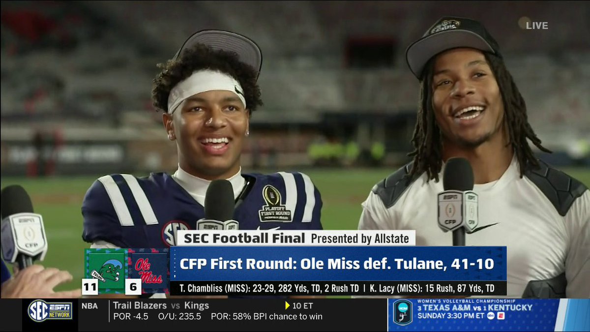 ARE YOU READY 🗣️ Trinidad Chambliss and TJ Dottery celebrating with the fans after Ole Miss Football's CFP win‼️