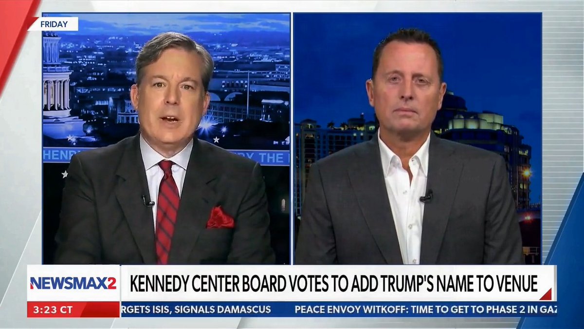 "We had a conversation, actually, with the building personnel, about whether or not to tear down the Kennedy Center. The President said, "No, I want to save it."... And he did that. In less than 10 months, President Trump got $250 million to save the Kennedy Center." Trump Kennedy Center President, Ambassador Richard Grenell joined Ed Henry on NEWSMAX to discuss our board's unanimous vote honoring the man who saved this national treasure—our Chairman, President Donald J. Trump—by renaming it the "The Donald J. Trump and The John F. Kennedy Memorial Center for the Performing Arts."