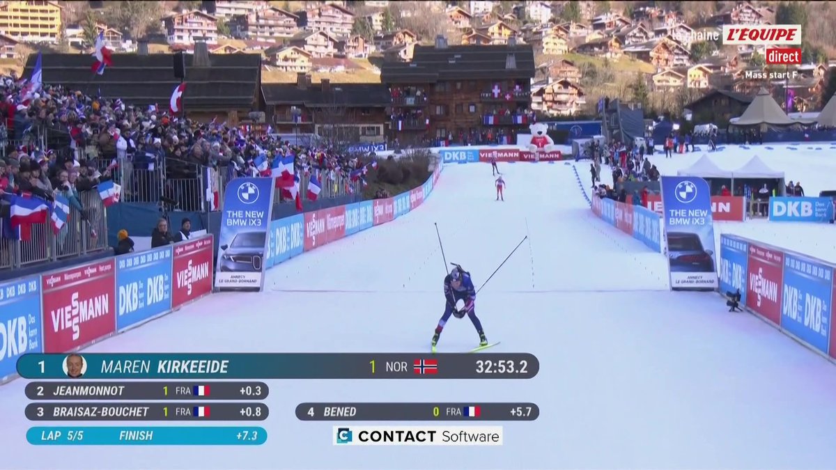 Victoire de Maren Kirkeeide sur la mass start au Grand-Bornand devant les Françaises Lou Jeanmonnot, Justine Braisaz-Bouchet et Camille Bened ! #lequipeBIATHLON
