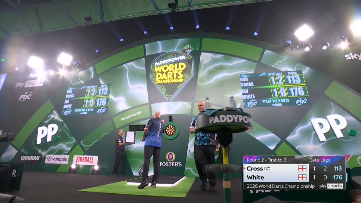 113 CHECKOUT FROM CROSS! Rob Cross pins a 113 checkout for a 2-1 lead as he clinches the third set. 📺 #WCDarts | R2
