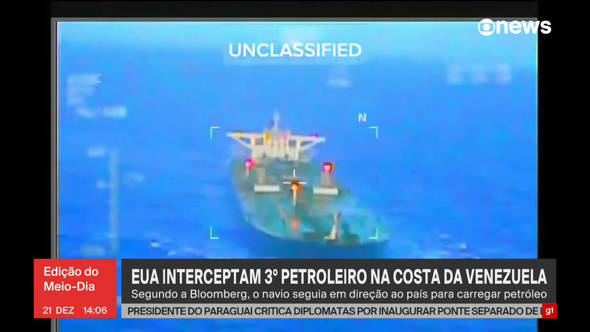 Os EUA interceptaram um terceiro petroleiro próximo à costa da Venezuela, segundo a agência de notícias Bloomberg. O navio, de bandeira do Panamá, seguia em direção à Venezuela para carregar petróleo. #JornalGloboNews ➡ Assista à #GloboNews: